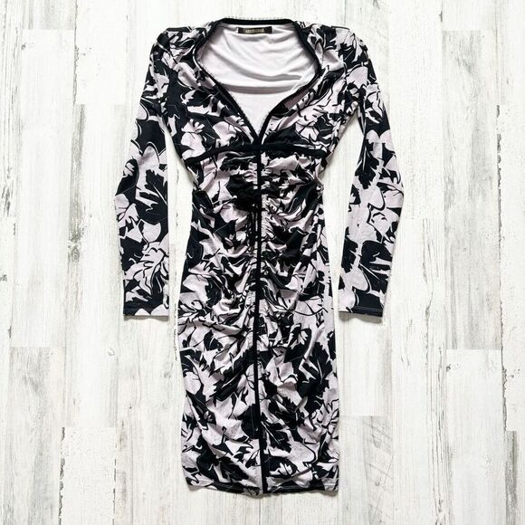 Roberto Cavalli Ruched Dress 38 Foliage Print Stretchy Lavender & White - Picture 1 of 7